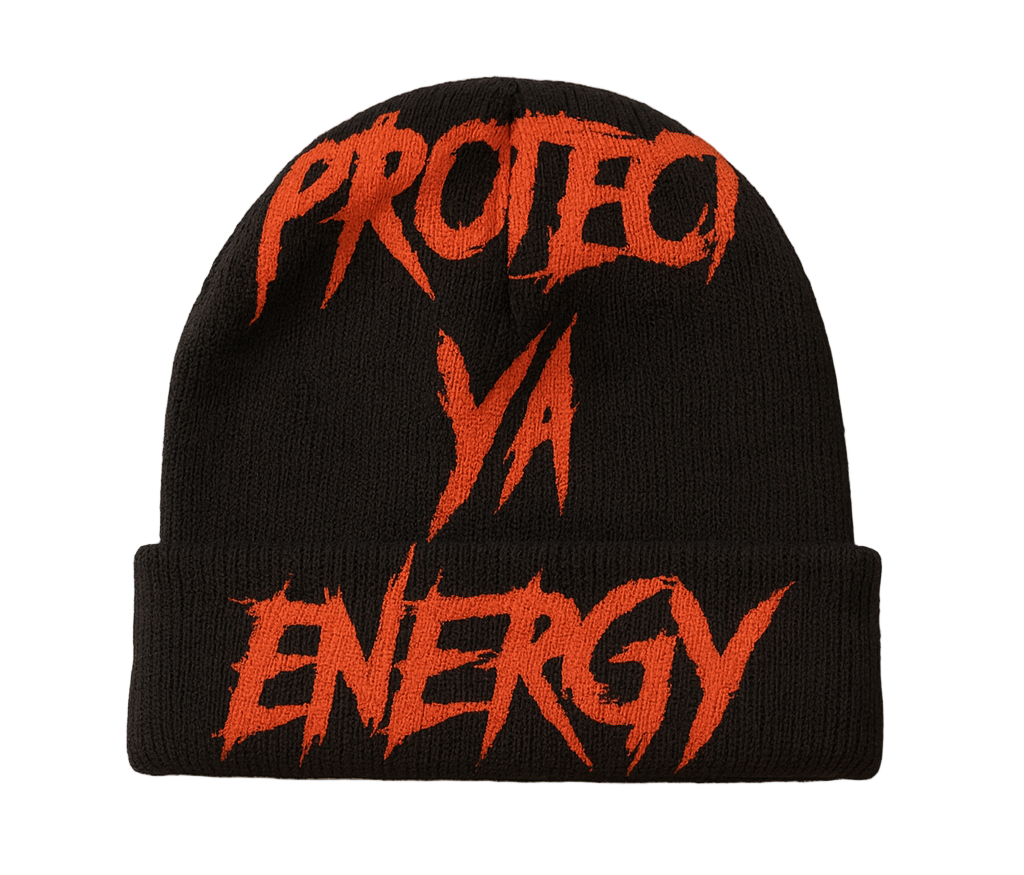 Black beanie with text 'PROTECT YA ENERGY